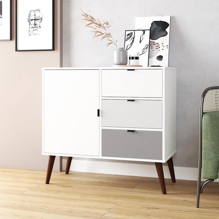 image for Boston White Sideboard Unit with Grey Drawer Accents – Modern Living Storage