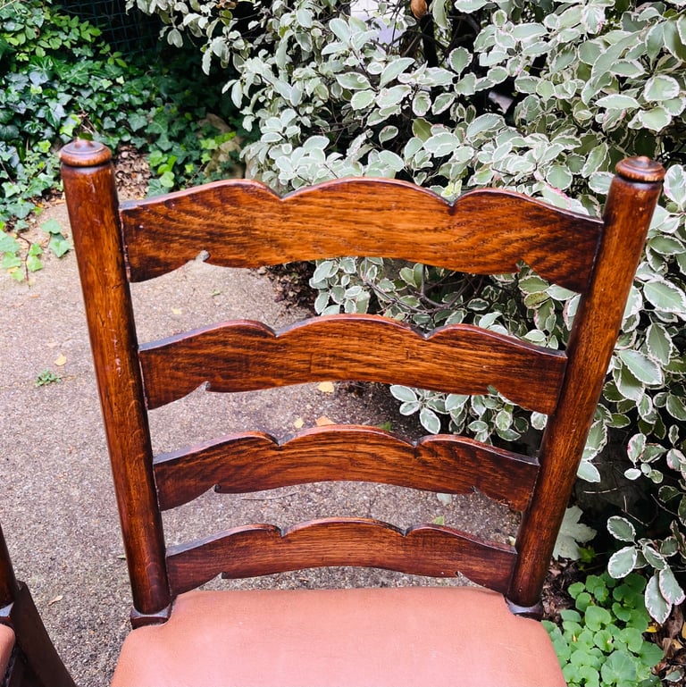 Pair of Vintage Wooden Ladder-Back Dining Chairs – Tan Faux Leather Seats