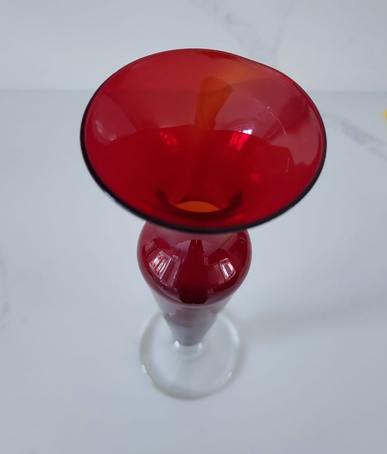 Vintage Red Glass Bud Vase Clear Foot 21 cm Tall
