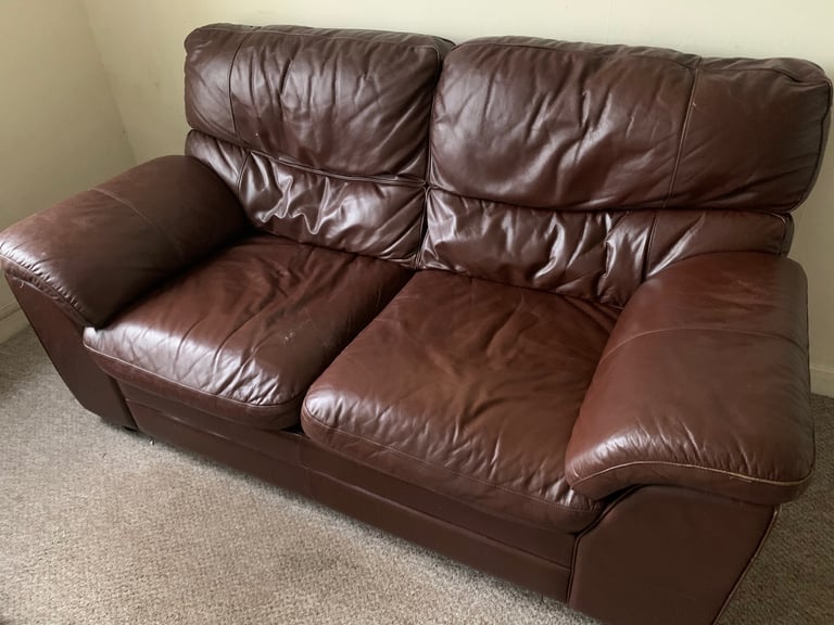 3 x brown leather two seater couches sofa living room dining room bedroom 