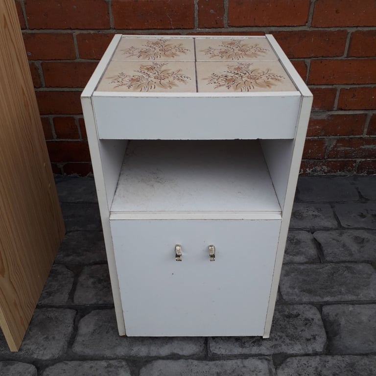 4 ITEMS OF FURNITURE DESK/STOOL/SIDE TABLE/TILE TOPPED CABINET. COULD DELIVER.