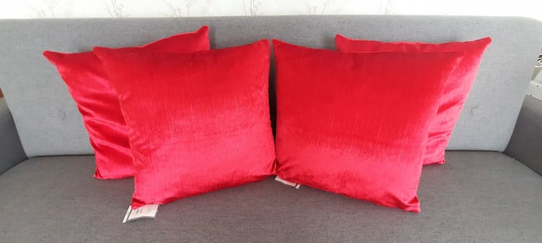 4 New Red Cushions from Dunelm Mill, 43x43cm, 17x17", Velour, Slight Shimmer, RRP £8+£5 each