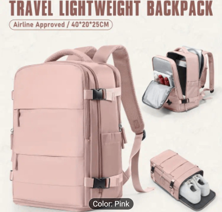 Large light pink backpack gym bag airline size 20cmx25cmx40cm