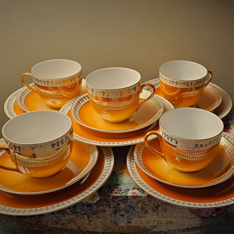 Vintage "Victoria China" Lustre Orange Tea Cups, Saucers & Cake Plates - Set of 5
