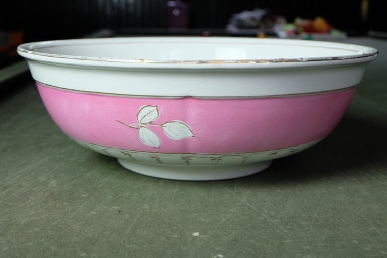 Large antique pink and white washstand bowl