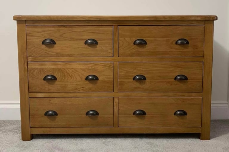 image for Solid oak wide chest of 6 drawers