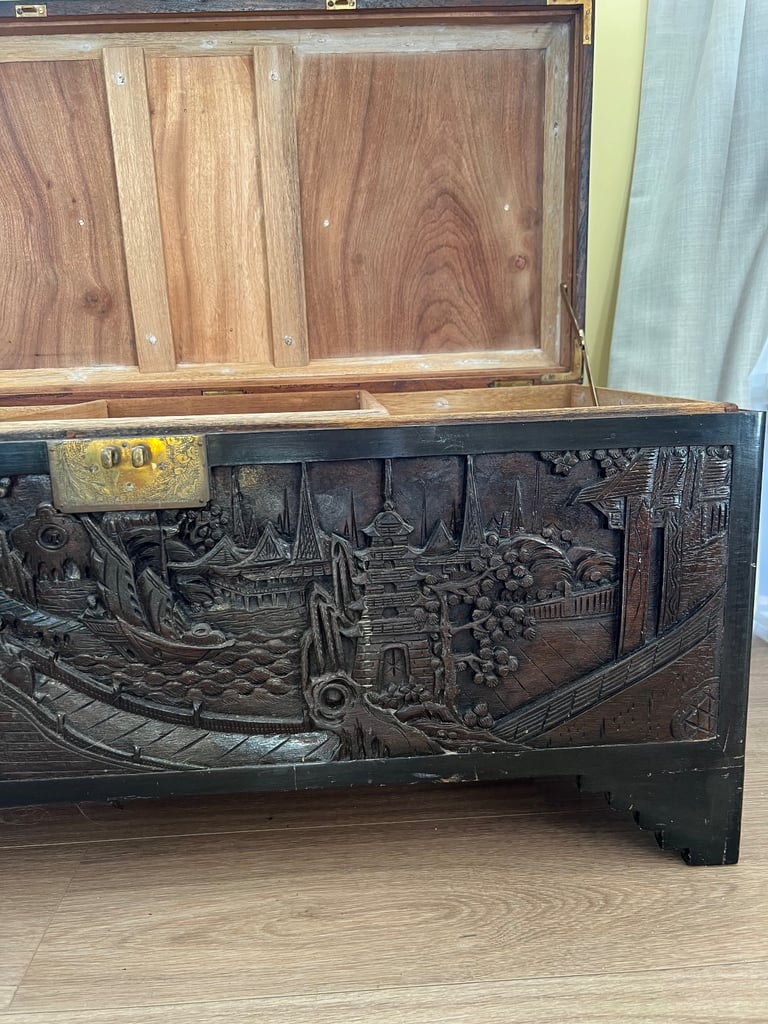 Carved Chinese camphor wood chest