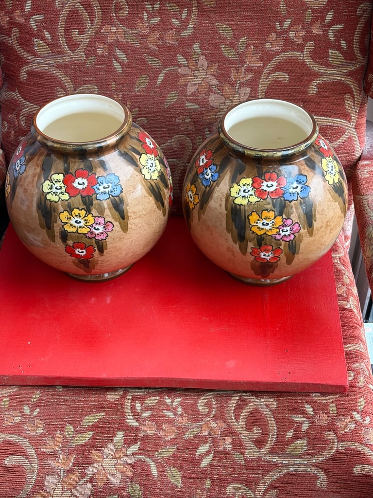 Pair of floral ceramic ball vases vintage 