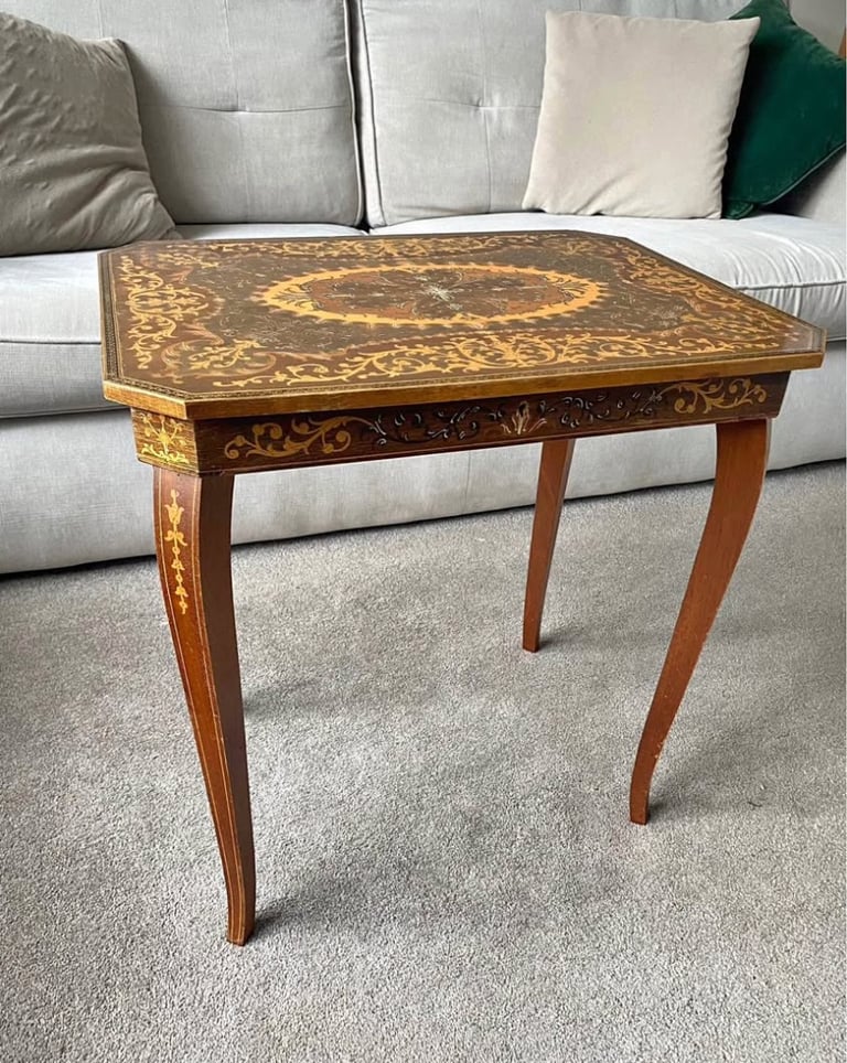 Vintage Italian Marquetry Musical Side Table Swiss Music Box Decorative Inlaid Jewellery Storage