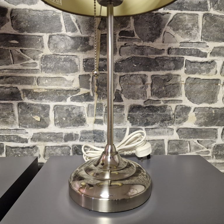 Pair of Modern Chrome Table Lamps with Brown Fabric Shades