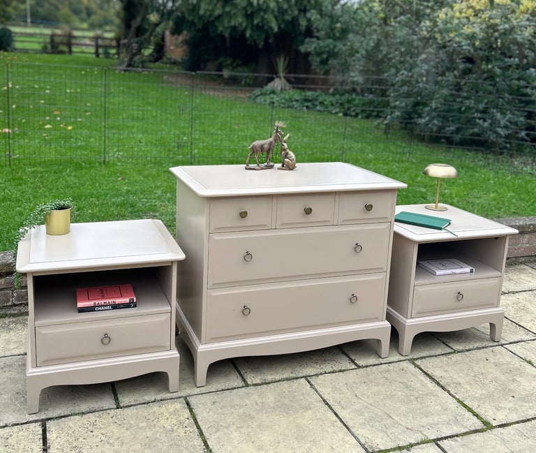 image for Upcycled Stag Minstrel chest of drawers and bedside cabinet set