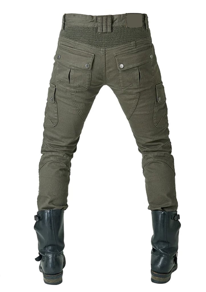 Men’s Motorcycle Jeans – Olive Green Armoured Kevlar Trousers with CE Approved Protectors
