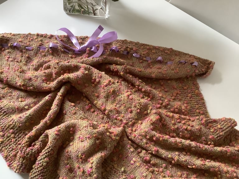Hand Knitted Baby Blanket in Gold, Pink & Purple in an Exclusive Yarn