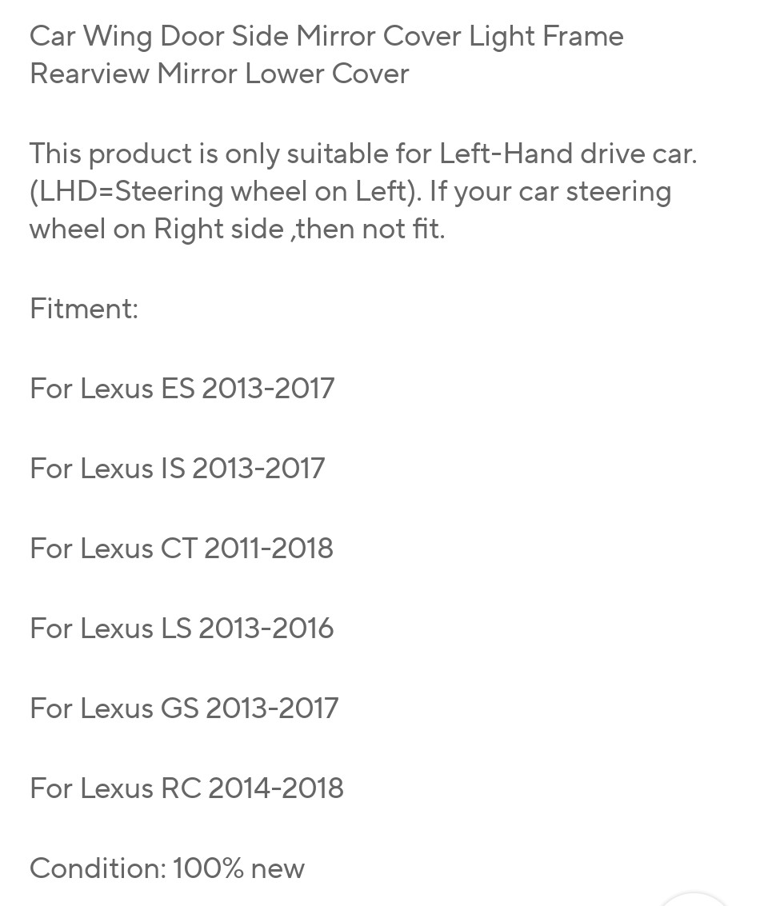 Pearl white Lexus Ct200h left side wing mirror cover (left hand drive car only)