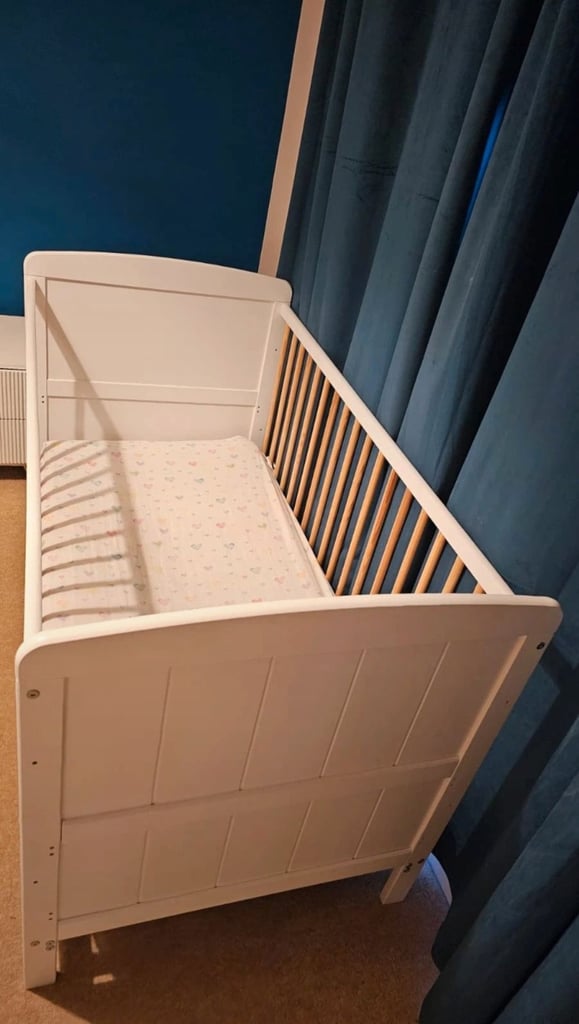image for White wooden cotbed toddler bed and mattress