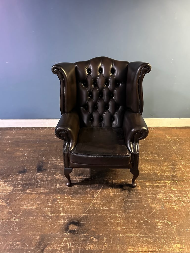 image for Vintage brown leather chesterfield Queen Anne wingback chair Uk delivery 