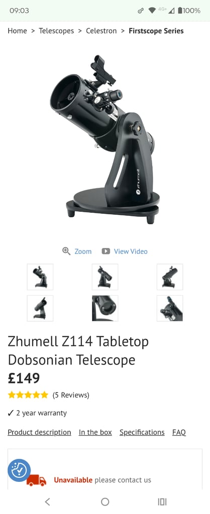 Zhumell Z114 Tabletop Dobsonian Telescope