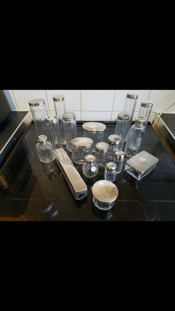 Antique Vanity Jars With Sterling Silver Lids.