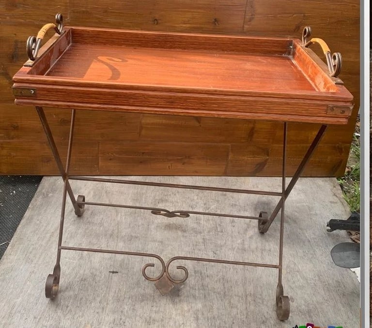 image for wood butler tray with iron stand serving tray table drinks wine champagne