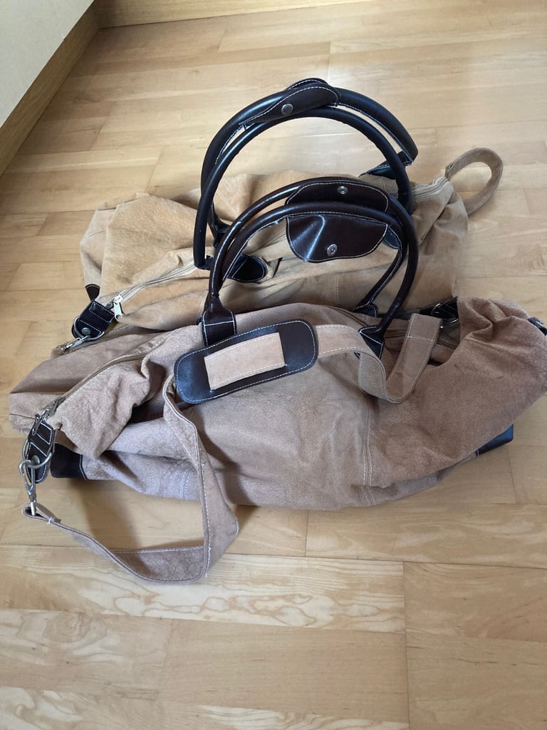 image for FREE - 2 x Faux Suede and Faux Leather Trim Carry Travel Bags Large (beige with brown trim)