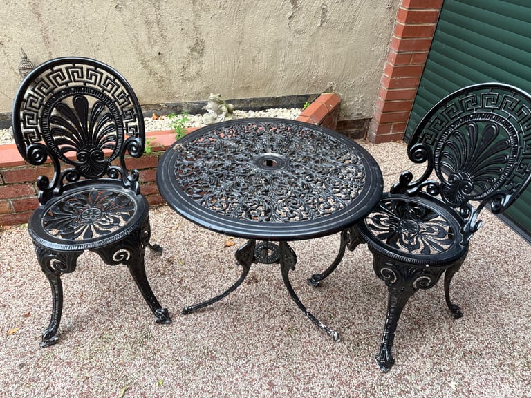 image for Black metal Victorian style bistro table and 2 chairs