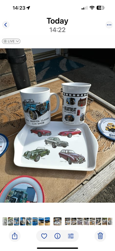 AS   new classic car drinking mugs with  small  biscuit  plate  &   Coasters     £7   Bristol  