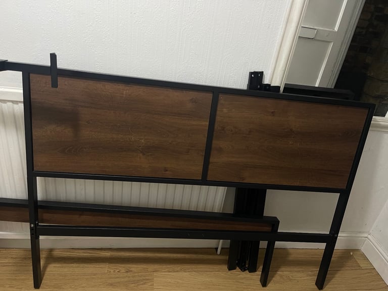 image for Wood and Black Metal Double Bed Frame LIKE NEW
