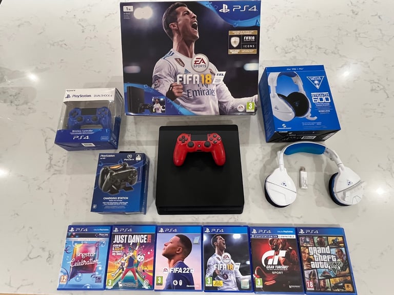 PS4 Slim 500GB Bundle – 2 Controllers + Turtle Beach Headset + 6 Games + Charging Dock