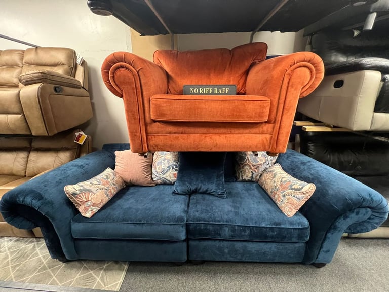 Big 2 seater and chairs and a half in a velvet fabric new condition £599