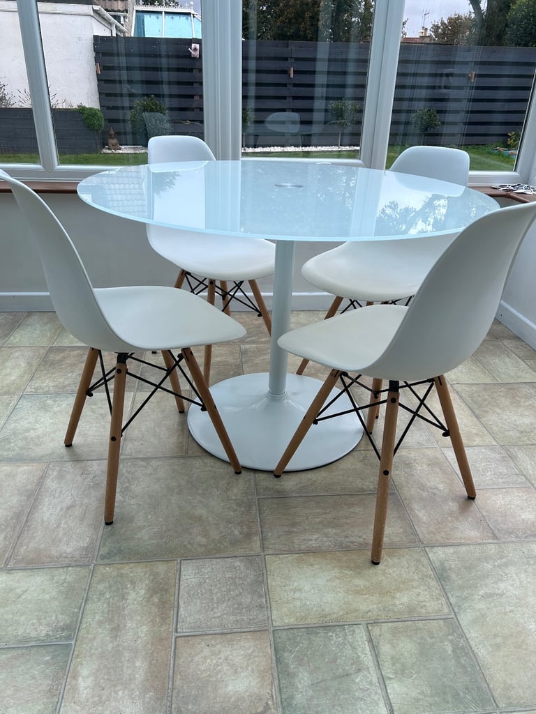 image for White Glass Dining Table and 4 Chairs