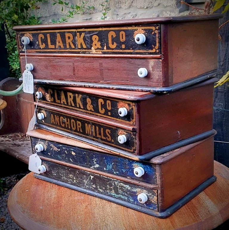Antique Haberdashery Shop Display Drawers by Clark & Co Anchor Mills. 