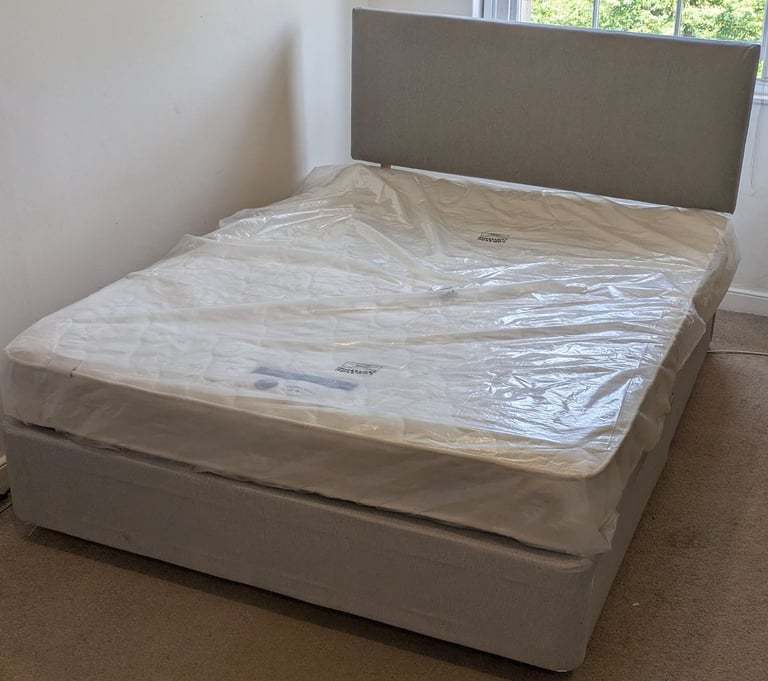 image for King size divan with storage, headboard and mattress (150cm x 200cm)