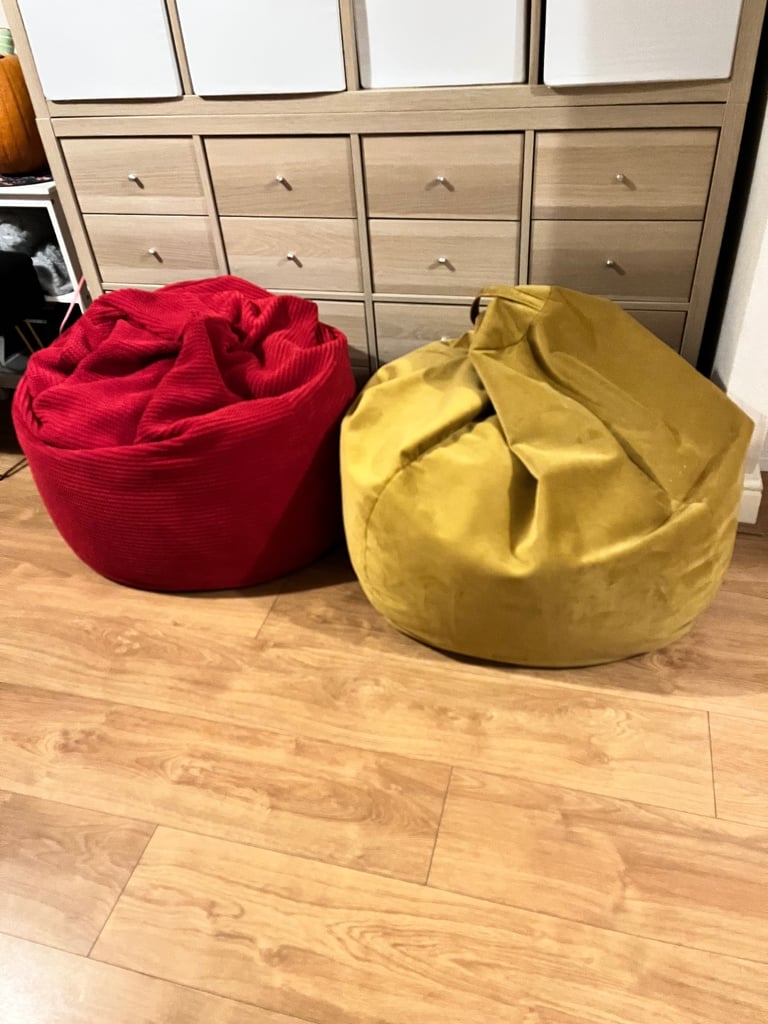 2X Dunelm Bean Bags Chairs Gaming Seats Pouffe Floor Cushions Loungers Sofa Velvet Cord Red Yellow