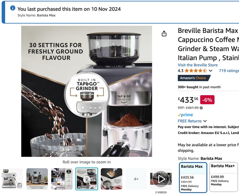 Breville Max Bean to Cup Barista Coffee Machine with Extras and Warranty RRP £499