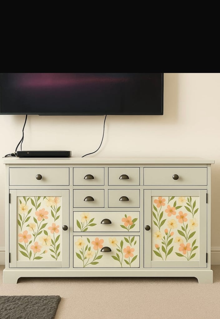 Hand-Painted Floral Sideboard – One-of-a-Kind Refurbished Solid Wood Cabinet