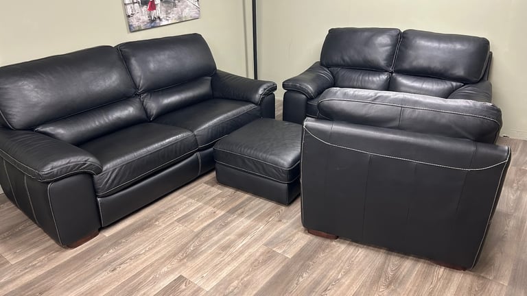 Black leather sofas 3&2&1& foot stool 