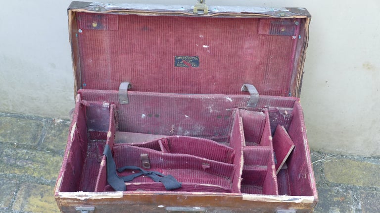 2 seriously distressed ANTIQUE VINTAGE MOVIE CAMERA CASES BOXES. Maker: James A Sinclair of London
