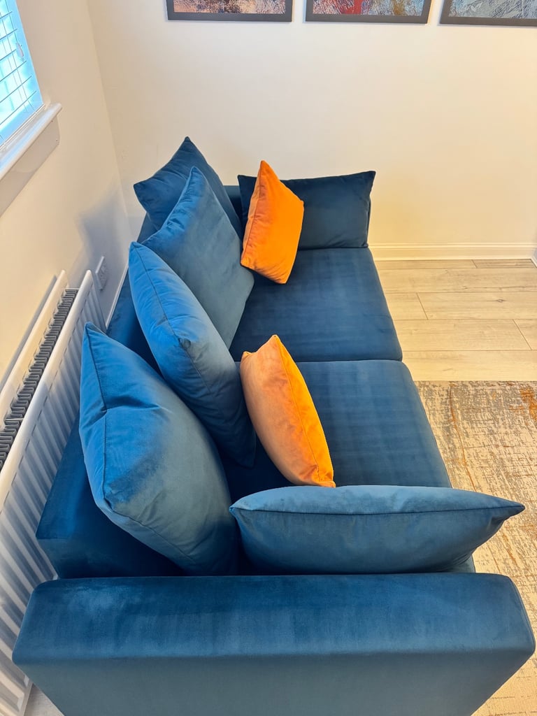 Plush Velvet Dark Blue Pillow Back 3 Seater Sofa, Large Dark Blue Footstool and Orange Accent Chair