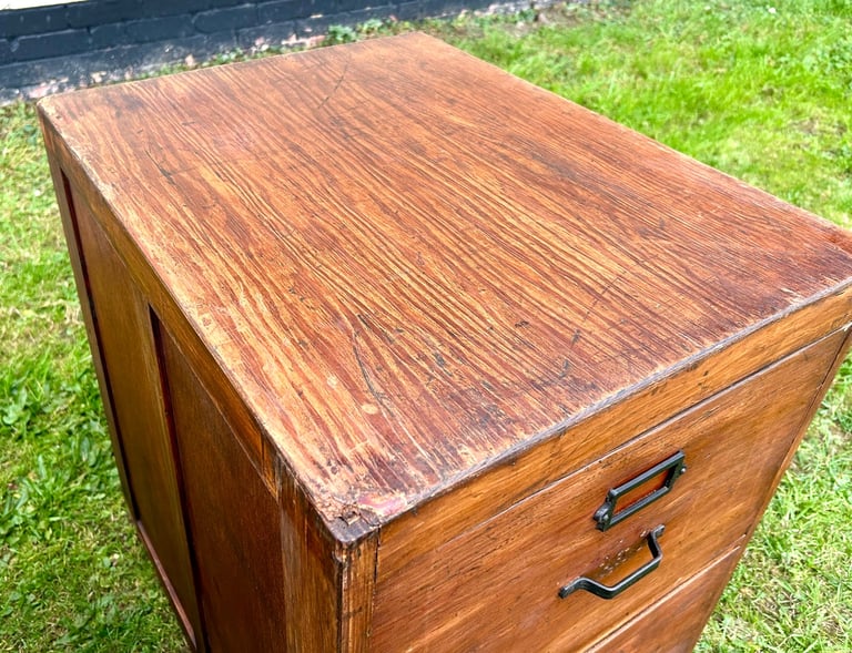 Pair 1950s two drawer filing cabinet bedside wooden desk industrial antique vintage library office