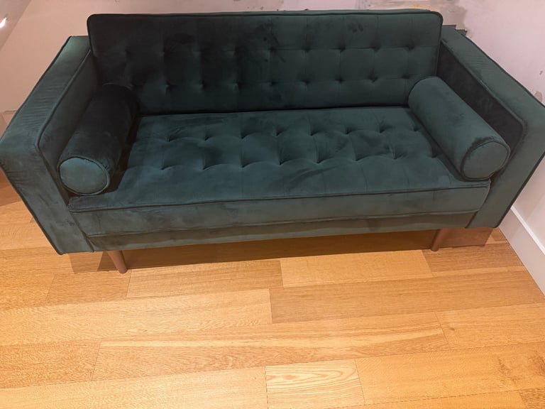 image for Green Velvet 2 Seater Mid Century Quilted Sofa