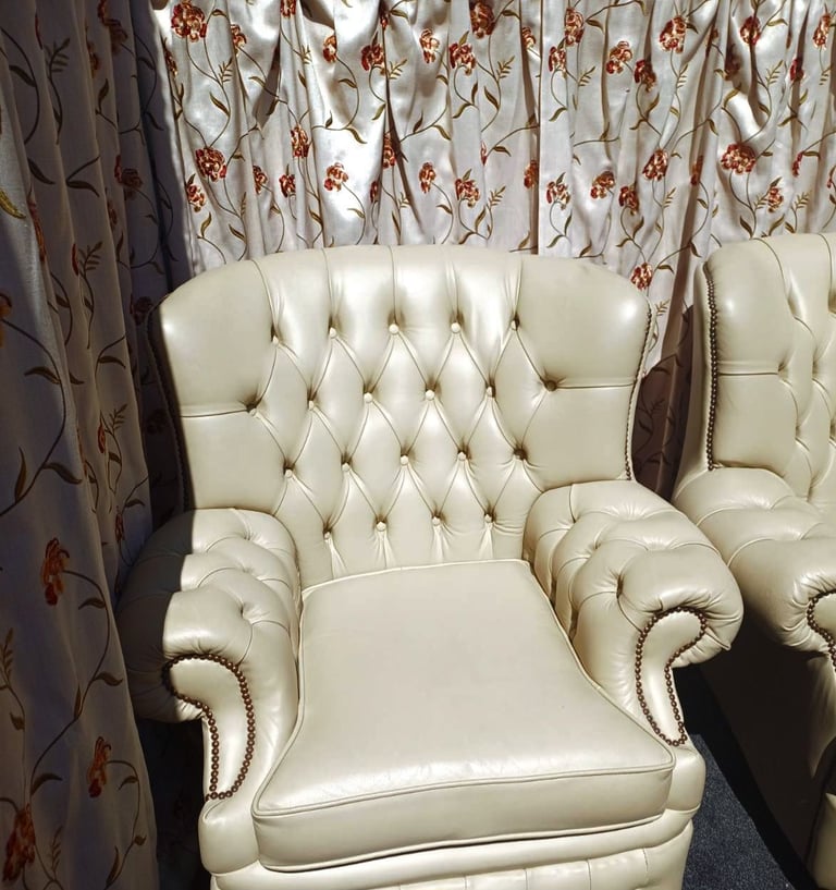 Beige Chesterfield 3 seater sofa and 2 armchairs