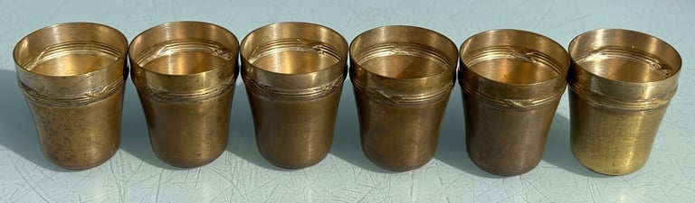 ANTIQUE FRENCH HUNTING SHOT CUP SET OF SIX STIRRUP CUPS & TRAY - 1900s - WILL POST!