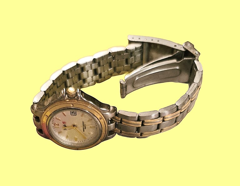 image for Pringle Quartz Calendar Watch, Brushed Silver+Gold Finish, Gold Numerals, vgc
