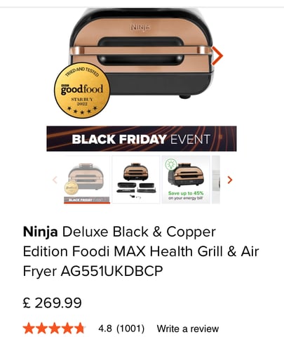 Ninja Deluxe Black & Copper Edition Foodi MAX Health Grill & Air Fryer  AG551UKDBCP