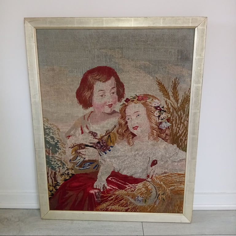 image for Needlepoint Art Work in Gold Frame Vintage