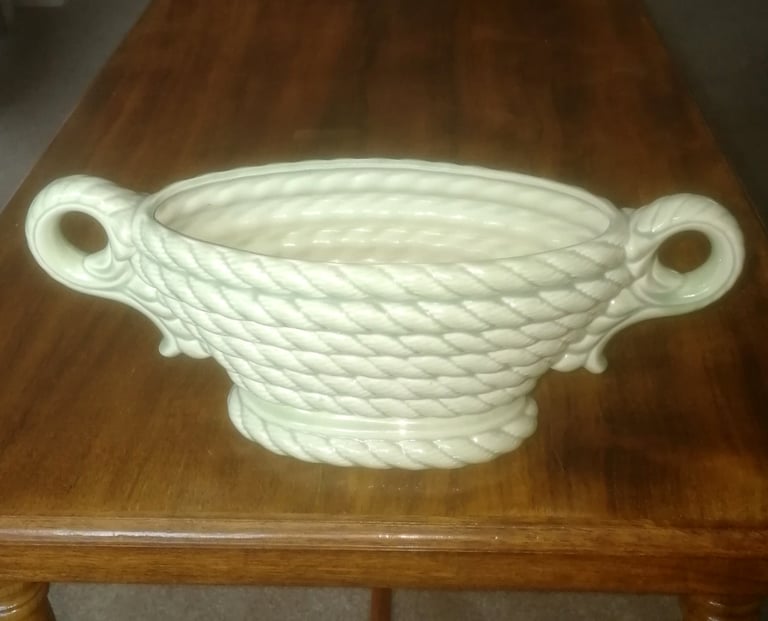 image for Vintage Two Handled Green Rope Patterned Mantel Vase H O England 19cm Long