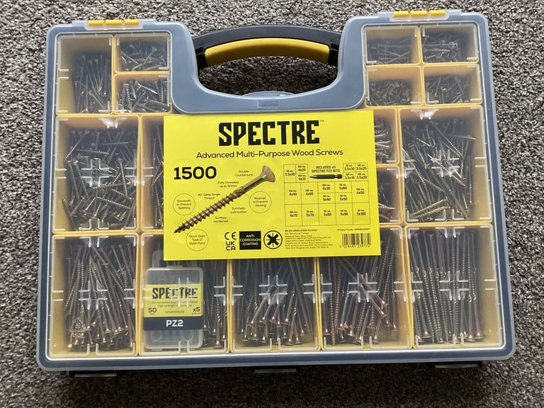 image for Spectre 1500 assorted wood screws with case and PZ2 impact bits. Unused. COLLECTION ONLY