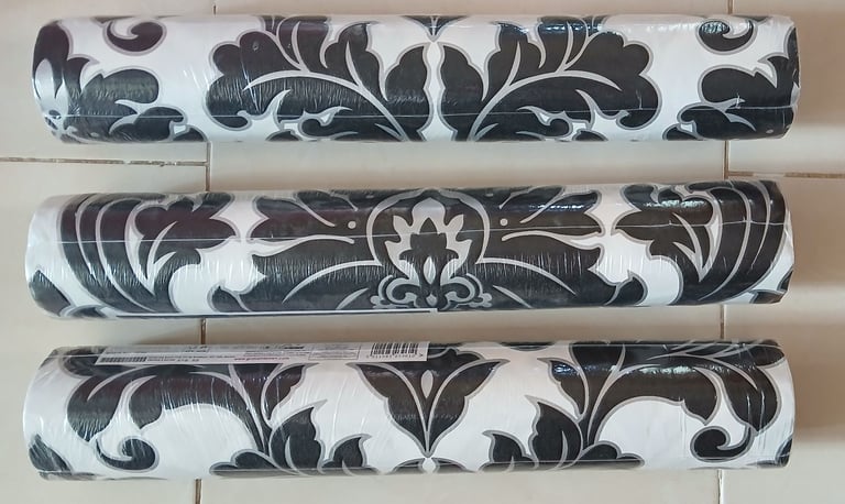 image for 3 x Damask Wallpaper rolls. Black and White with silver/ grey. 