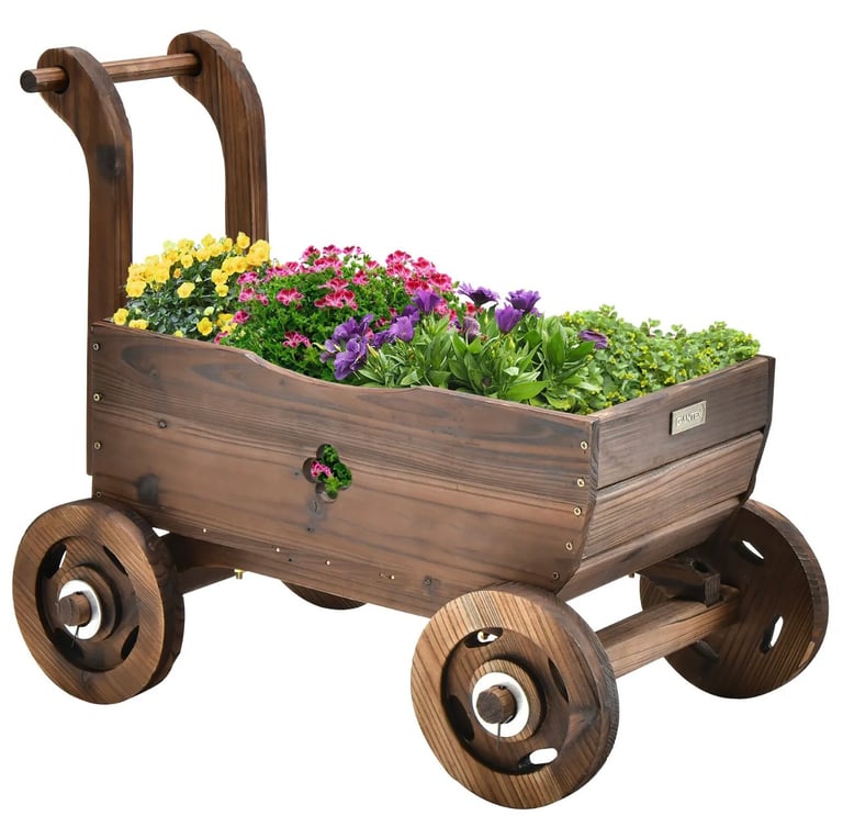 Decorative Wagon Cart Plant Flower Pot Stand Wooden Raised Garden 