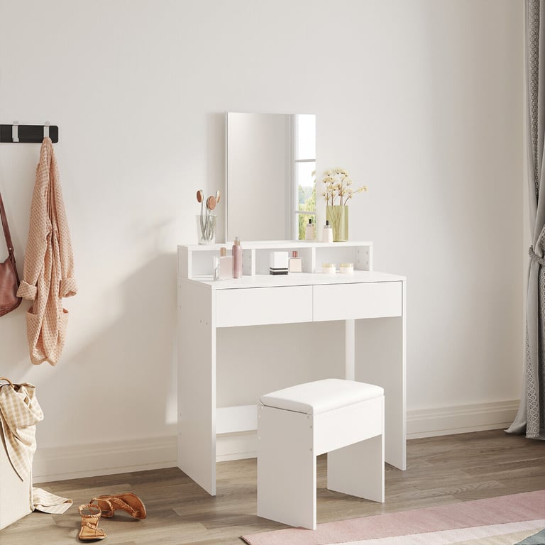 image for New White 2 Drawers Makeup Desk with Mirror and Stool RRP £140 Our Price £90